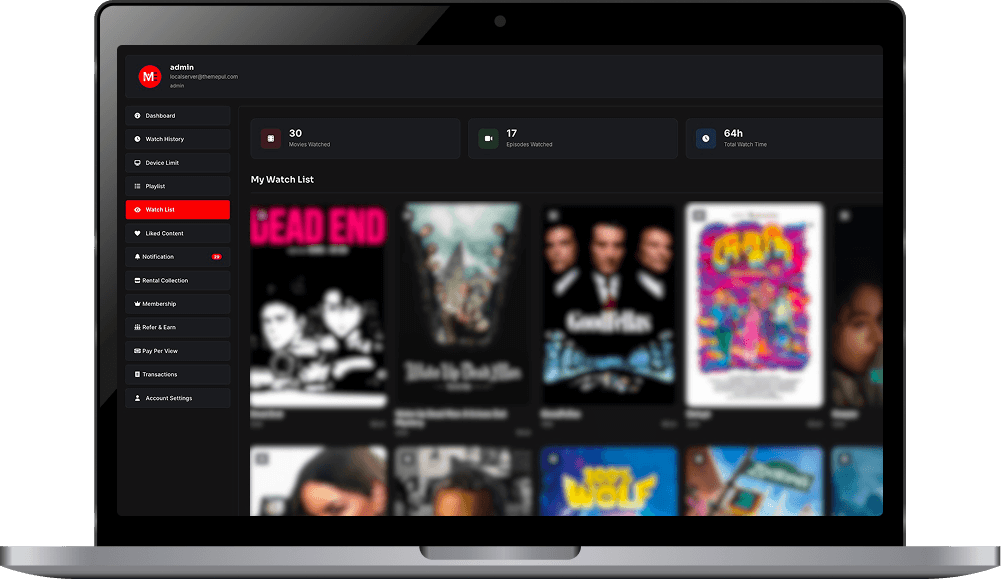WordPress OTT User Dashboard